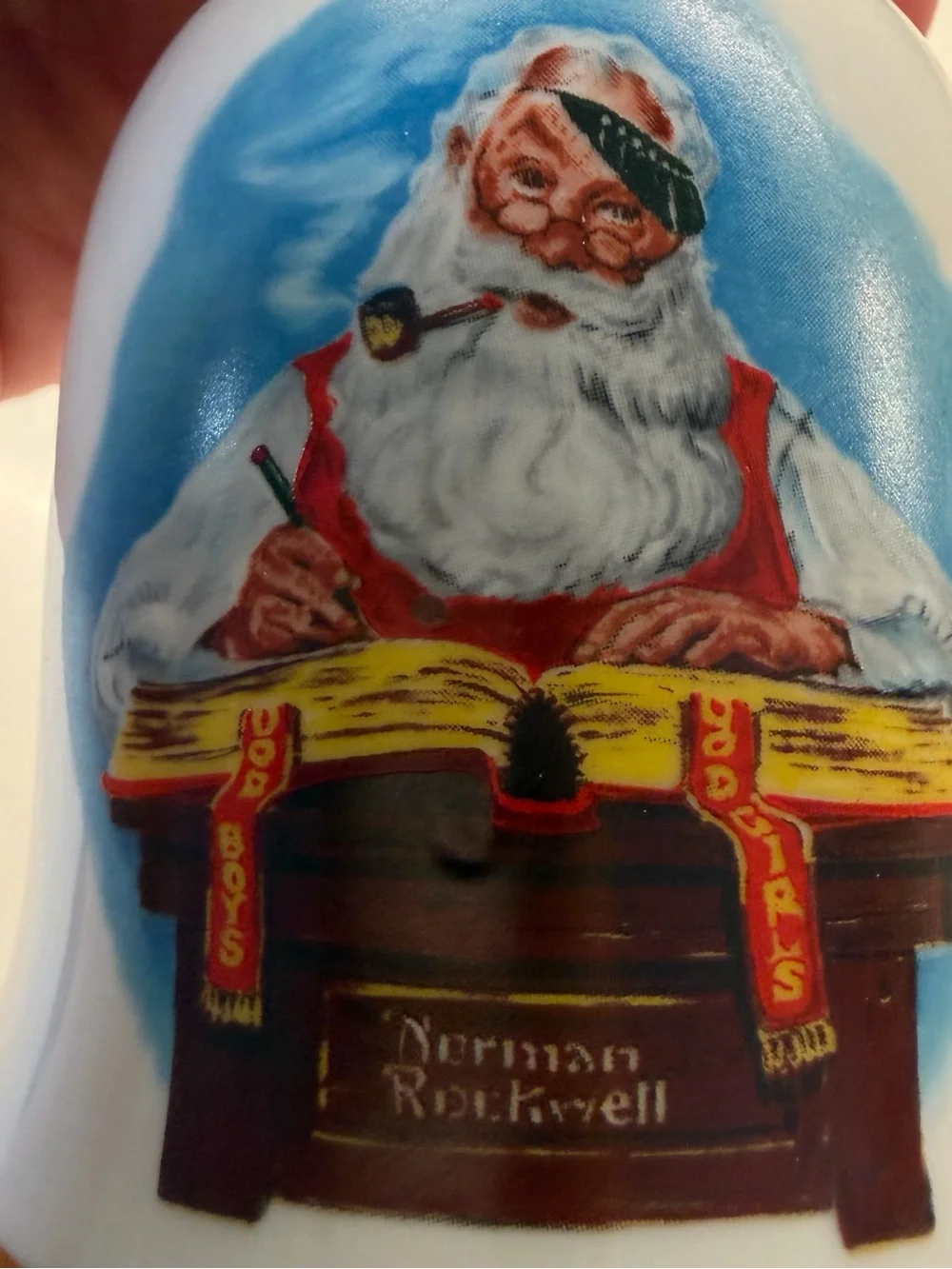 Norman Rockwell White Porcelain Holiday Bell with Santa Illustration